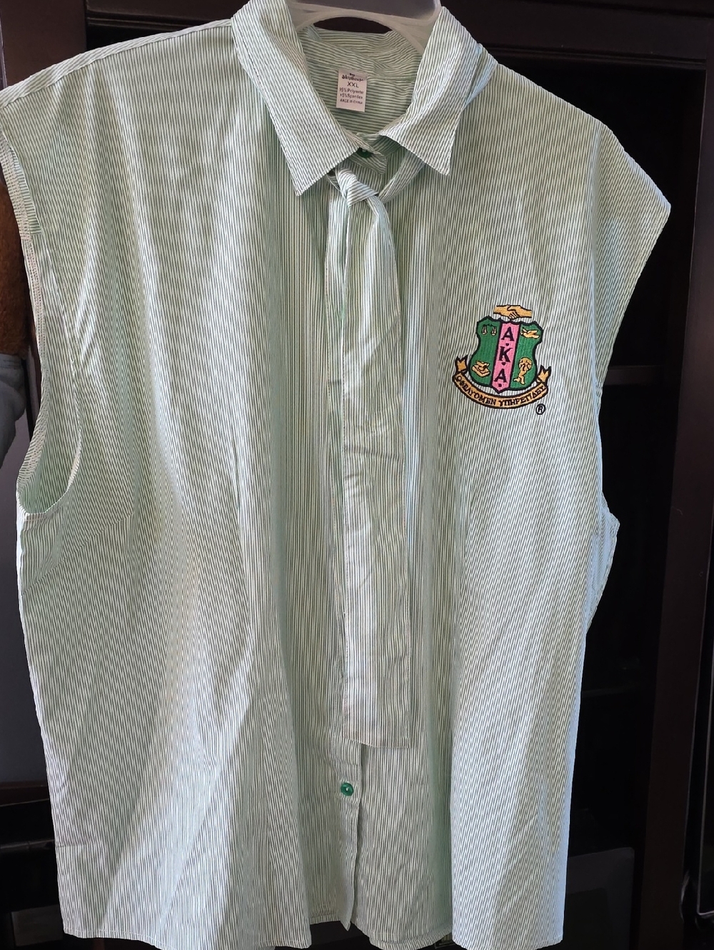 AKA Embroidered Sleeveless Button-Front Women's Shirt - Mint Green Stripe